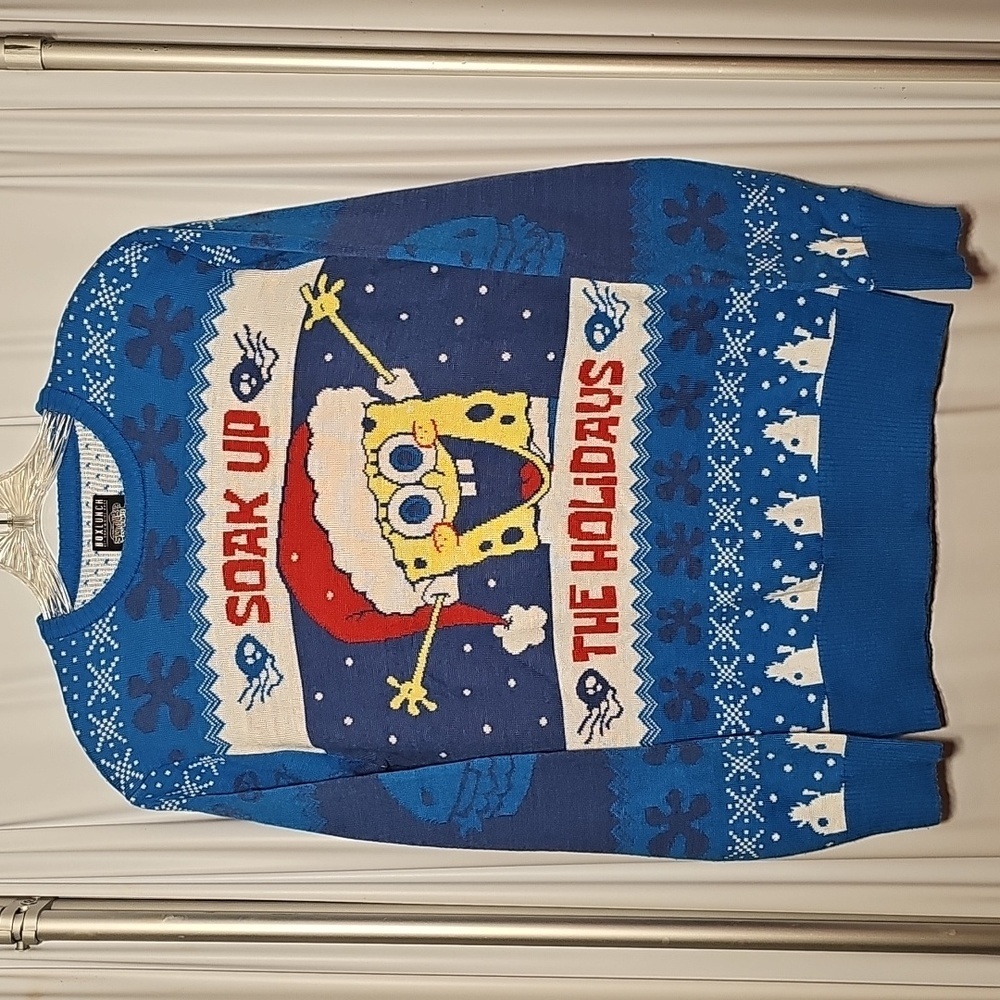 Box Lunch SpongeBob SquarePants Mens Blue Red Graphic Christmas Holiday Sweater